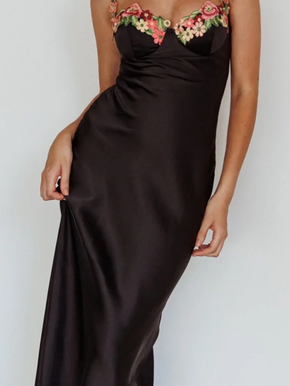 Silk black maxi dress with floral details
